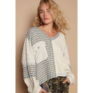 POL Sz M All Mixed Up Patchwork Knit Top Sweater Bohemian Frayed Edges Relaxed